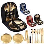 Ensemble de couverts portables en acier inoxydable, couteau à steak, fourchette et cuillère, couleurs : noir et argent, noir et or, noir et or rose, bleu et argent, bleu et or, bleu et or rose, rouge et argent, rouge et or, rouge et or rose