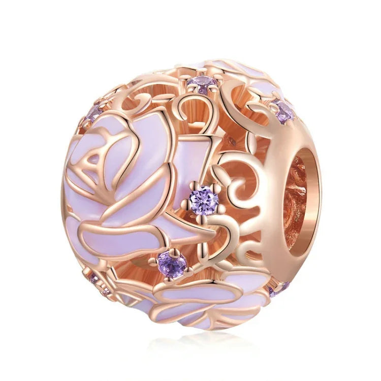 BSC644 Perles de rose violette en argent 925 galvanisées, accessoires de perles DIY creuses, BSC644
