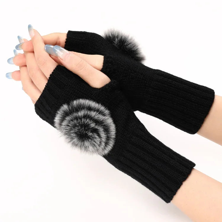 Gants Mitaines en Fourrure pour Femmes Automne et Hiver, en Tricot de Laine Chaude, Noir, Blanc, Gris Foncé, Gris Clair, Café, Rouge Vin, Kaki, Crème