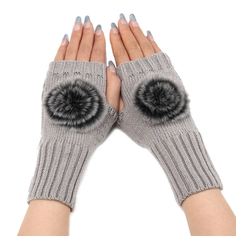 Gants Mitaines en Fourrure pour Femmes Automne et Hiver, en Tricot de Laine Chaude, Noir, Blanc, Gris Foncé, Gris Clair, Café, Rouge Vin, Kaki, Crème