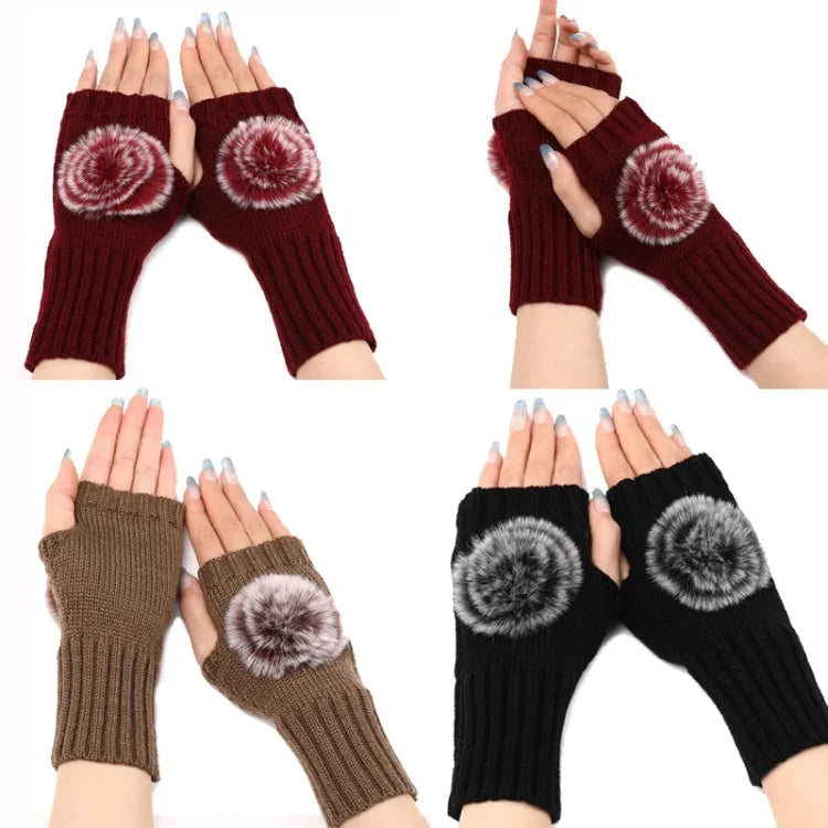 Gants Mitaines en Fourrure pour Femmes Automne et Hiver, en Tricot de Laine Chaude, Noir, Blanc, Gris Foncé, Gris Clair, Café, Rouge Vin, Kaki, Crème