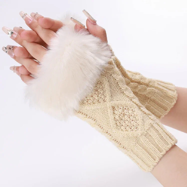 Mitaines courtes en fourrure pour femme, tricotées avec des losanges, chaudes, sans doigts, coloris : beige, gris foncé, gris clair, blanc, noir, rouge bordeaux, tibétain, café, kaki