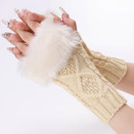 Mitaines courtes en fourrure pour femme, tricotées avec des losanges, chaudes, sans doigts, coloris : beige, gris foncé, gris clair, blanc, noir, rouge bordeaux, tibétain, café, kaki