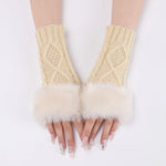 Mitaines courtes en fourrure pour femme, tricotées avec des losanges, chaudes, sans doigts, coloris : beige, gris foncé, gris clair, blanc, noir, rouge bordeaux, tibétain, café, kaki