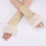 Mitaines courtes en fourrure pour femme, tricotées avec des losanges, chaudes, sans doigts, coloris : beige, gris foncé, gris clair, blanc, noir, rouge bordeaux, tibétain, café, kaki