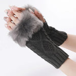 Mitaines courtes en fourrure pour femme, tricotées avec des losanges, chaudes, sans doigts, coloris : beige, gris foncé, gris clair, blanc, noir, rouge bordeaux, tibétain, café, kaki