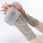 Mitaines courtes en fourrure pour femme, tricotées avec des losanges, chaudes, sans doigts, coloris : beige, gris foncé, gris clair, blanc, noir, rouge bordeaux, tibétain, café, kaki