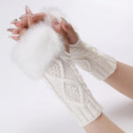 Mitaines courtes en fourrure pour femme, tricotées avec des losanges, chaudes, sans doigts, coloris : beige, gris foncé, gris clair, blanc, noir, rouge bordeaux, tibétain, café, kaki