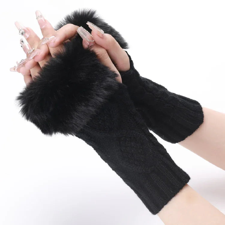 Mitaines courtes en fourrure pour femme, tricotées avec des losanges, chaudes, sans doigts, coloris : beige, gris foncé, gris clair, blanc, noir, rouge bordeaux, tibétain, café, kaki