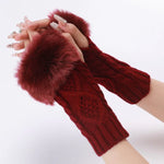 Mitaines courtes en fourrure pour femme, tricotées avec des losanges, chaudes, sans doigts, coloris : beige, gris foncé, gris clair, blanc, noir, rouge bordeaux, tibétain, café, kaki