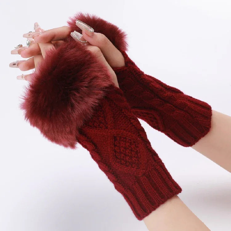 Mitaines courtes en fourrure pour femme, tricotées avec des losanges, chaudes, sans doigts, coloris : beige, gris foncé, gris clair, blanc, noir, rouge bordeaux, tibétain, café, kaki