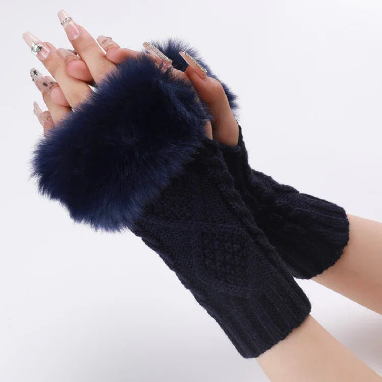 Mitaines courtes en fourrure pour femme, tricotées avec des losanges, chaudes, sans doigts, coloris : beige, gris foncé, gris clair, blanc, noir, rouge bordeaux, tibétain, café, kaki