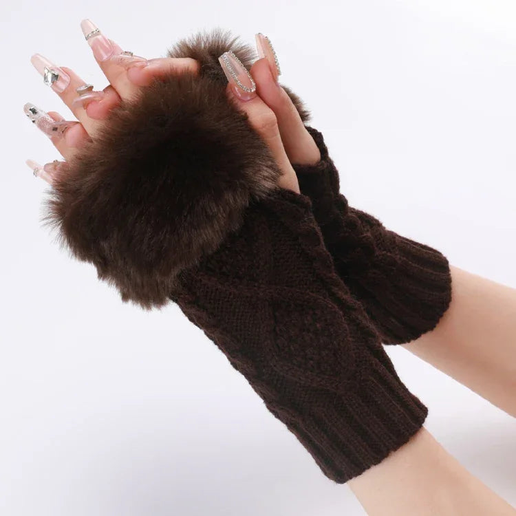 Mitaines courtes en fourrure pour femme, tricotées avec des losanges, chaudes, sans doigts, coloris : beige, gris foncé, gris clair, blanc, noir, rouge bordeaux, tibétain, café, kaki