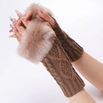 Mitaines courtes en fourrure pour femme, tricotées avec des losanges, chaudes, sans doigts, coloris : beige, gris foncé, gris clair, blanc, noir, rouge bordeaux, tibétain, café, kaki