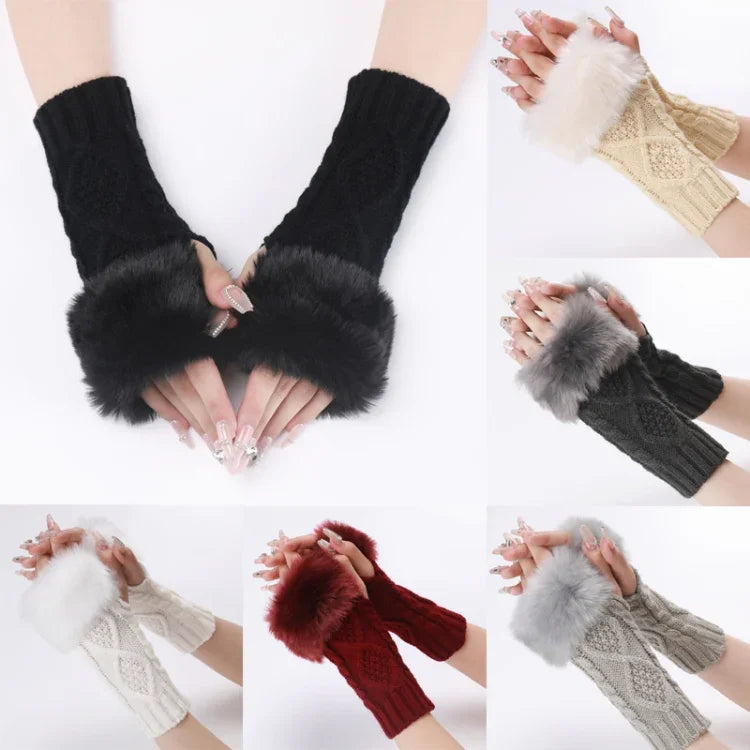 Mitaines courtes en fourrure pour femme, tricotées avec des losanges, chaudes, sans doigts, coloris : beige, gris foncé, gris clair, blanc, noir, rouge bordeaux, tibétain, café, kaki