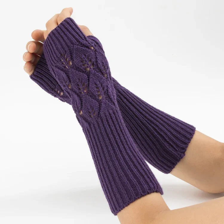 Gants d'hiver tricotés sans doigts en laine motif jacquard feuilles pour hommes et femmes, coloris : violet, noir, blanc, jujube, gris clair, café, gris foncé