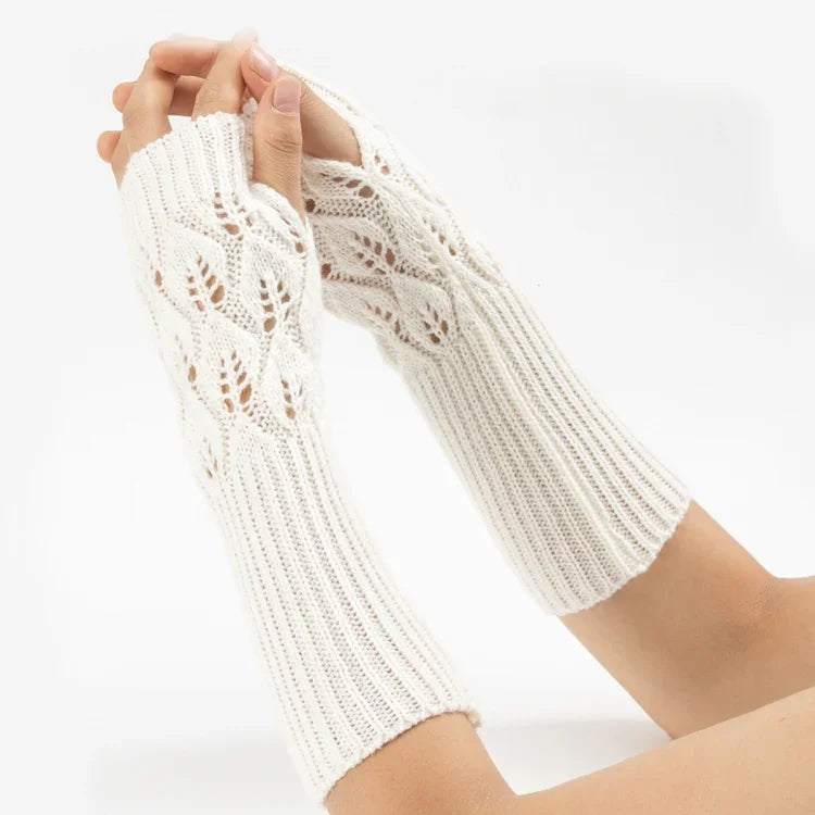 Gants d'hiver tricotés sans doigts en laine motif jacquard feuilles pour hommes et femmes, coloris : violet, noir, blanc, jujube, gris clair, café, gris foncé
