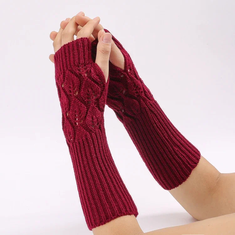Gants d'hiver tricotés sans doigts en laine motif jacquard feuilles pour hommes et femmes, coloris : violet, noir, blanc, jujube, gris clair, café, gris foncé