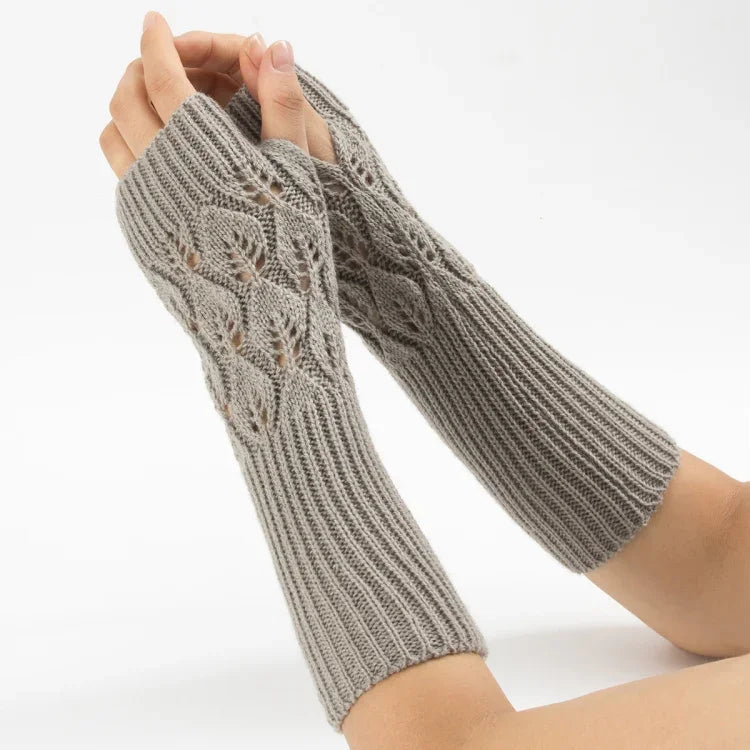 Gants d'hiver tricotés sans doigts en laine motif jacquard feuilles pour hommes et femmes, coloris : violet, noir, blanc, jujube, gris clair, café, gris foncé