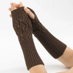 Gants d'hiver tricotés sans doigts en laine motif jacquard feuilles pour hommes et femmes, coloris : violet, noir, blanc, jujube, gris clair, café, gris foncé