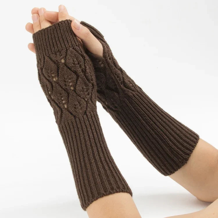 Gants d'hiver tricotés sans doigts en laine motif jacquard feuilles pour hommes et femmes, coloris : violet, noir, blanc, jujube, gris clair, café, gris foncé