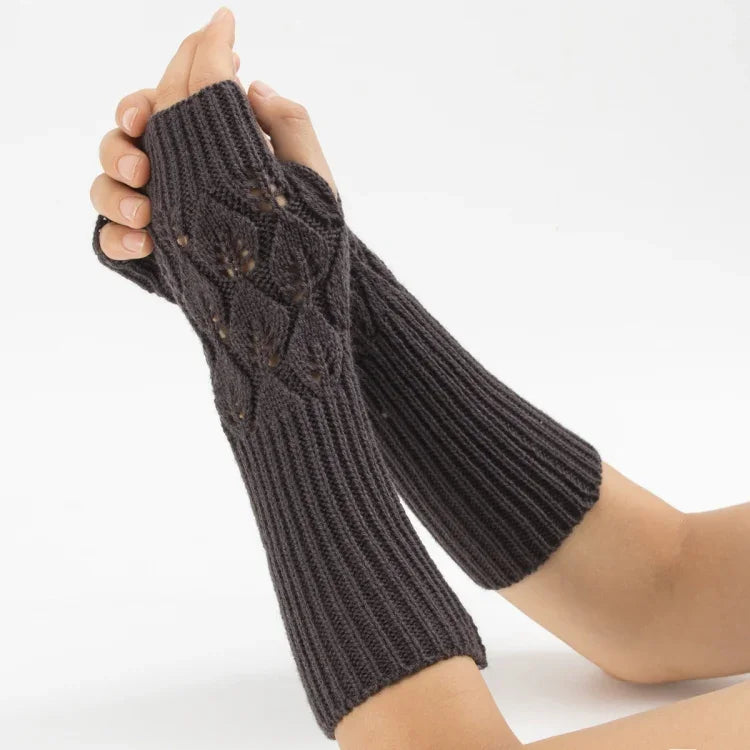 Gants d'hiver tricotés sans doigts en laine motif jacquard feuilles pour hommes et femmes, coloris : violet, noir, blanc, jujube, gris clair, café, gris foncé