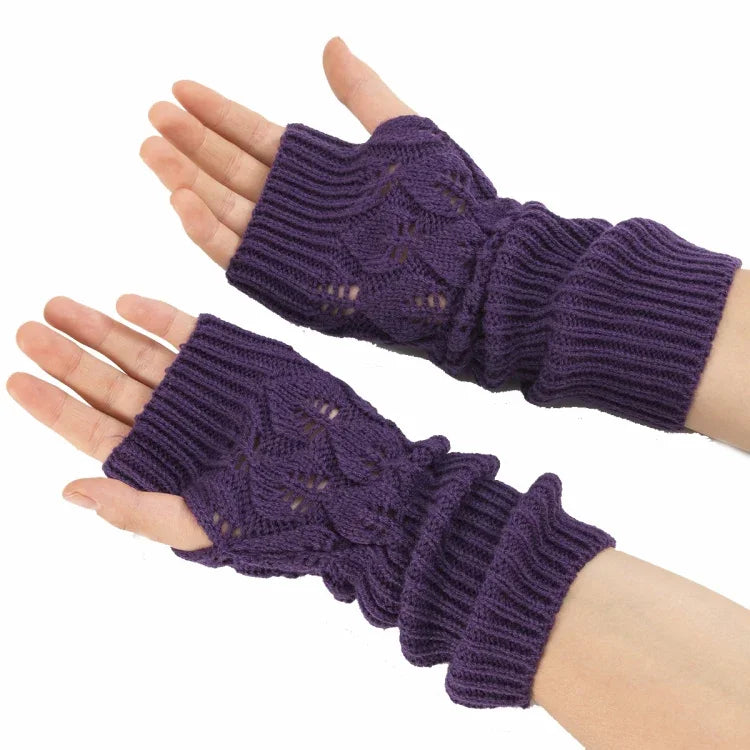 Gants d'hiver tricotés sans doigts en laine motif jacquard feuilles pour hommes et femmes, coloris : violet, noir, blanc, jujube, gris clair, café, gris foncé