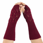 Gants d'hiver tricotés sans doigts en laine motif jacquard feuilles pour hommes et femmes, coloris : violet, noir, blanc, jujube, gris clair, café, gris foncé