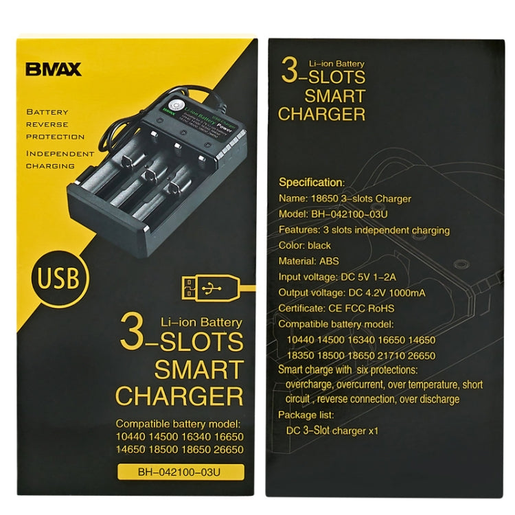 Chargeur USB BMAX 18650 3 Emplacements 3,7/4,2V Indépendant pour Batterie Lithium, 3 Emplacements USB (Noir)