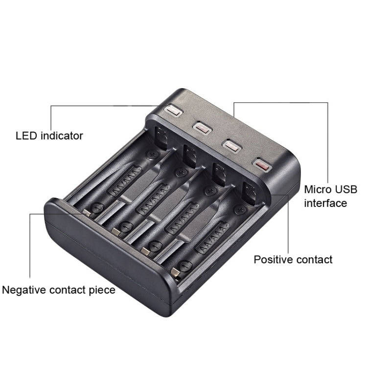 Chargeur USB Indépendant BMAX BH-804U 1,2V pour Piles Rechargeables AA/AAA 4 Emplacements, 4 Emplacements Micro USB (Noir)