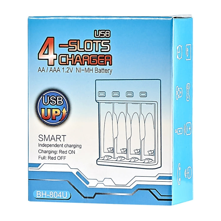 Chargeur USB Indépendant BMAX BH-804U 1,2V pour Piles Rechargeables AA/AAA 4 Emplacements, 4 Emplacements Micro USB (Noir)
