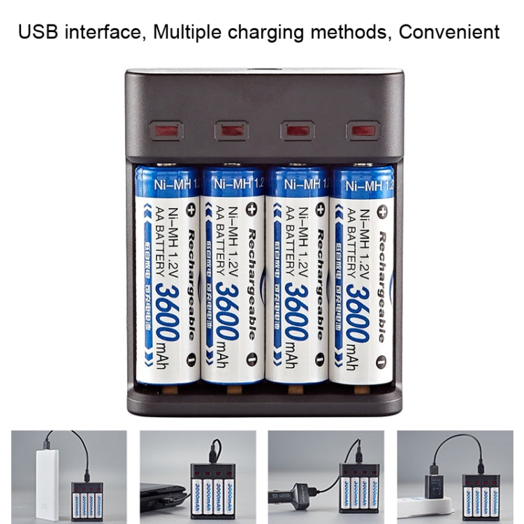 Chargeur USB Indépendant BMAX BH-804U 1,2V pour Piles Rechargeables AA/AAA 4 Emplacements, 4 Emplacements Micro USB (Noir)