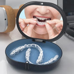 Boîte de rangement avec miroir de beauté et support magnétique pour appareil dentaire, avec chewing-gum, noir, bleu marine