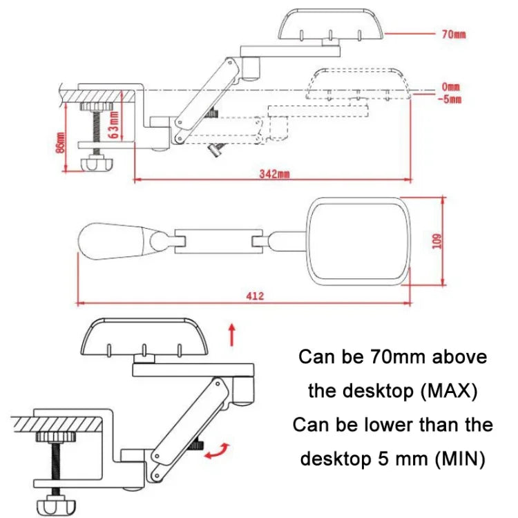 Aluminum Alloy Computer Desk Wrist Brace Arm Bracket, Liftable Gray