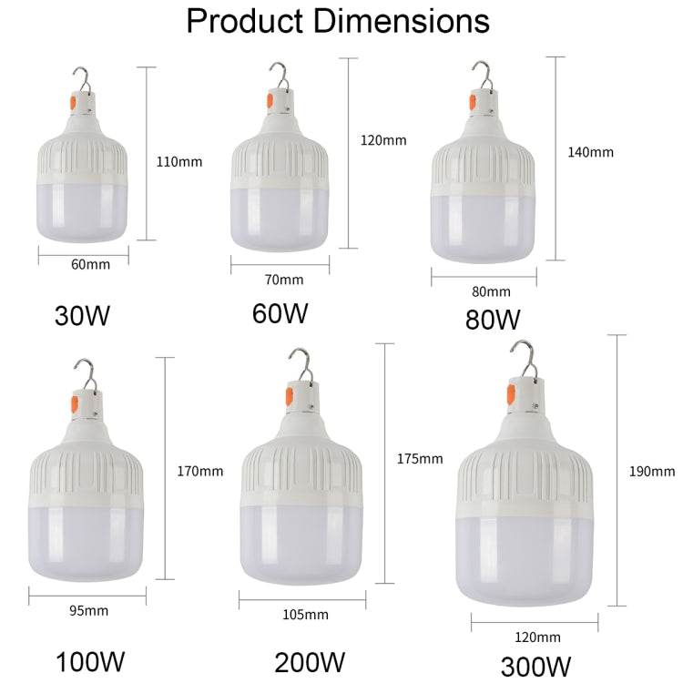 Ampoule LED rechargeable USB AB26 pour étals de marché nocturne, lampe suspendue pour camping extérieur, Puissance : 30W (Blanc), 60W (Blanc), 80W (Blanc), 100W (Blanc), 200W (Blanc), 300W (Blanc), 80W (Orange), 100W (Orange), 200W (Orange), 300W (Orange)