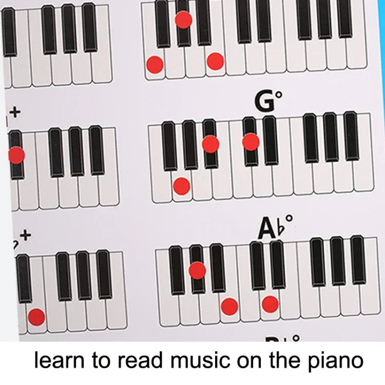 Tableau d'accords de piano illustré pour débutants, 88 touches, avec doigtés. Tailles : petit et grand.