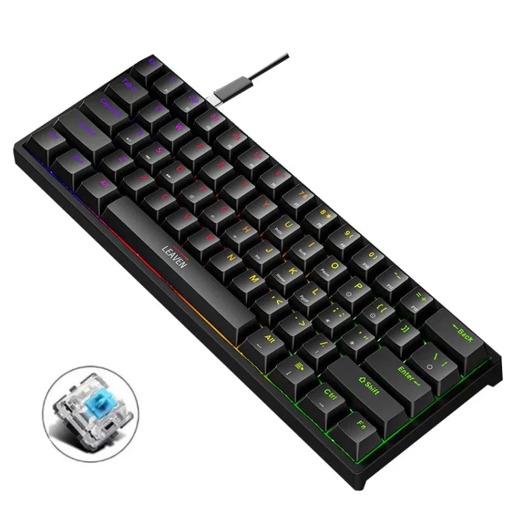 Clavier mécanique filaire de jeu LEAVEN K620 61 touches à branchement à chaud lumineux, Longueur de câble : 1,8m, Axe vert noir, Axe vert blanc, Axe vert bleu, Axe vert rose, Axe rouge noir blanc, Axe vert blanc noir, Axe vert noir blanc