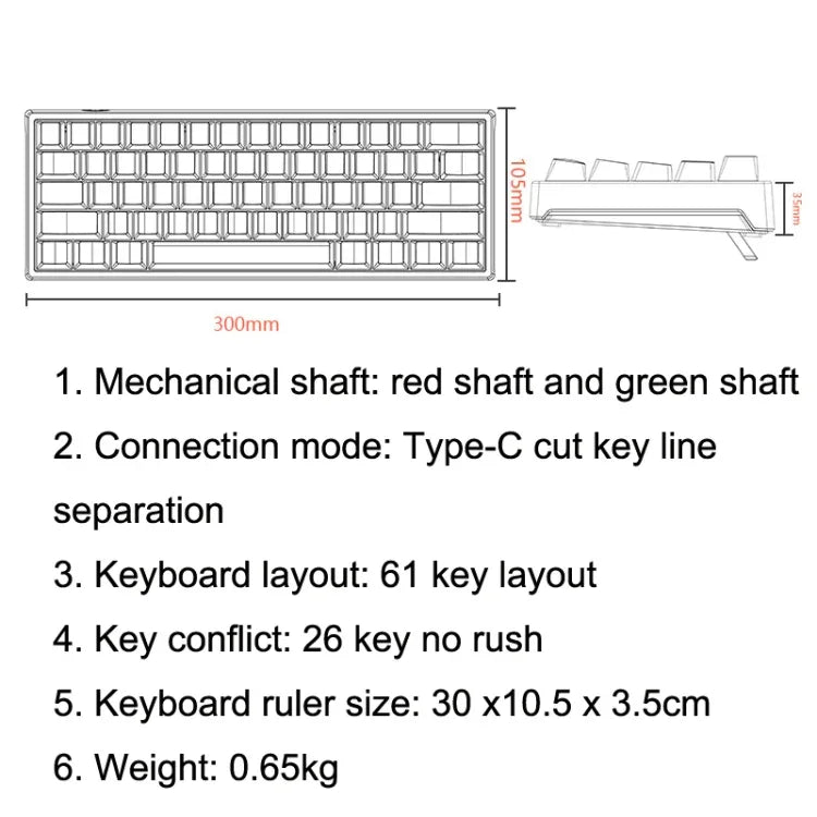 Clavier mécanique filaire de jeu LEAVEN K620 61 touches à branchement à chaud lumineux, Longueur de câble : 1,8m, Axe vert noir, Axe vert blanc, Axe vert bleu, Axe vert rose, Axe rouge noir blanc, Axe vert blanc noir, Axe vert noir blanc