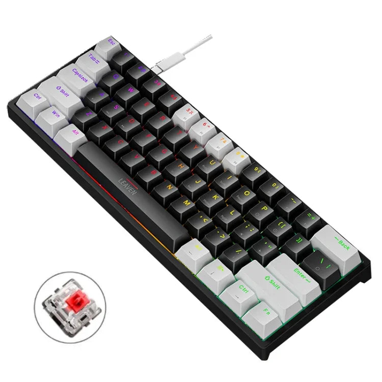 Clavier mécanique filaire de jeu LEAVEN K620 61 touches à branchement à chaud lumineux, Longueur de câble : 1,8m, Axe vert noir, Axe vert blanc, Axe vert bleu, Axe vert rose, Axe rouge noir blanc, Axe vert blanc noir, Axe vert noir blanc