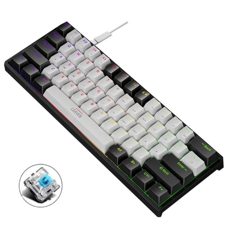 Clavier mécanique filaire de jeu LEAVEN K620 61 touches à branchement à chaud lumineux, Longueur de câble : 1,8m, Axe vert noir, Axe vert blanc, Axe vert bleu, Axe vert rose, Axe rouge noir blanc, Axe vert blanc noir, Axe vert noir blanc