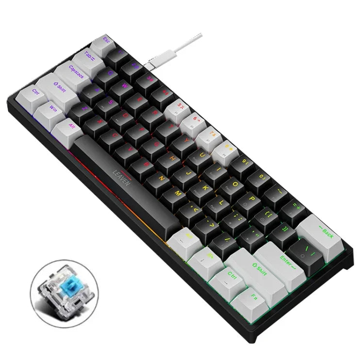 Clavier mécanique filaire de jeu LEAVEN K620 61 touches à branchement à chaud lumineux, Longueur de câble : 1,8m, Axe vert noir, Axe vert blanc, Axe vert bleu, Axe vert rose, Axe rouge noir blanc, Axe vert blanc noir, Axe vert noir blanc