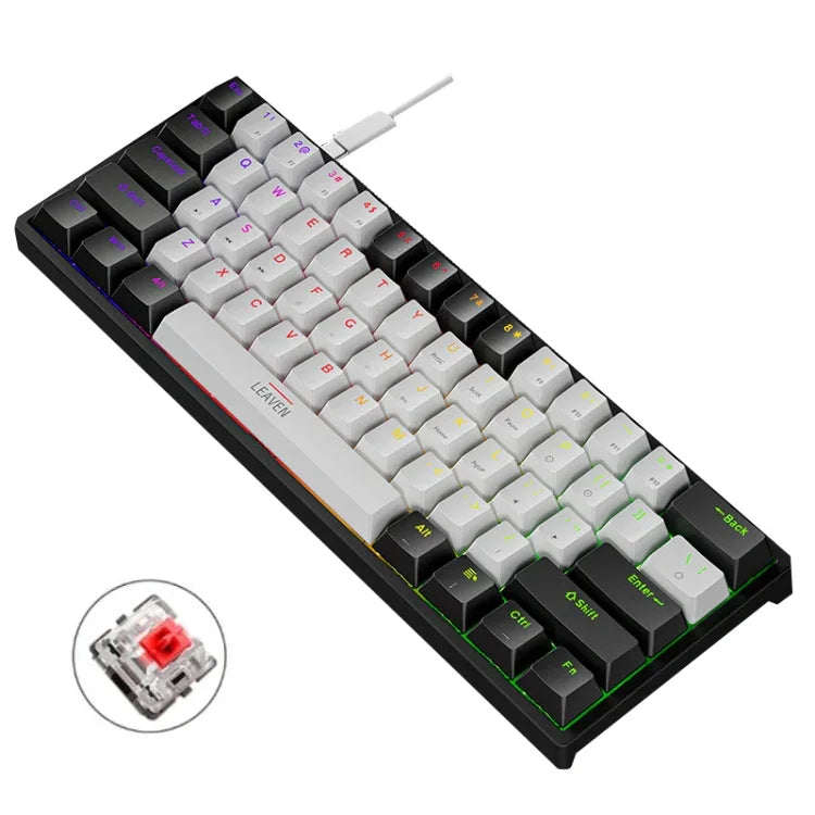 Clavier mécanique filaire de jeu LEAVEN K620 61 touches à branchement à chaud lumineux, Longueur de câble : 1,8m, Axe vert noir, Axe vert blanc, Axe vert bleu, Axe vert rose, Axe rouge noir blanc, Axe vert blanc noir, Axe vert noir blanc
