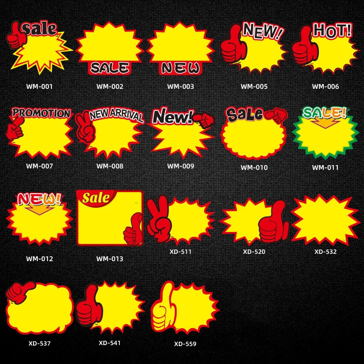 10 sacs 25x19cm Autocollant "Explosion" Étiquette de prix de produit Étiquette de prix de supermarché, WM-001, WM-002, WM-003, WM-005, WM-006, WM-007, WM-008, WM-009, WM-010, WM-011, WM-012, WM-013, XD-511, XD-520, XD-532, XD-537, XD-541, XD-559