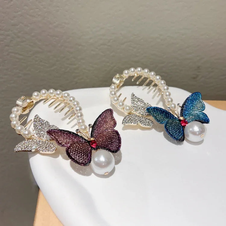 Pince à Cheveux Papillon Strass Brodé Serre-queue de Cheval