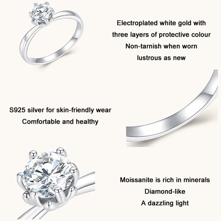 MSR006 Bague en argent sterling S925 avec moissanite à six griffes, bijou plaqué or blanc, T6, T7, T8