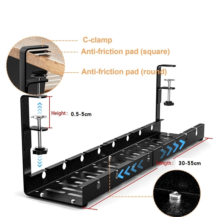 Organisateur de câbles extensible sous le bureau en acier au carbone, support de rangement de câbles, noir extensible, 30,5-55 CM extensible