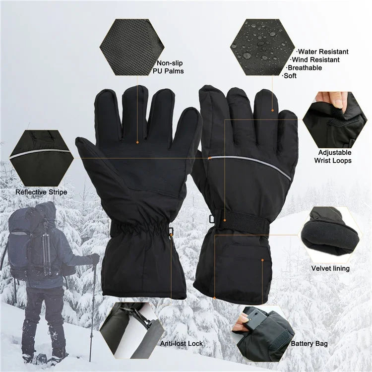 Gants Chauffants Tactiles de Ski pour Sports de Plein Air, Noir, Noir+Câble USB
