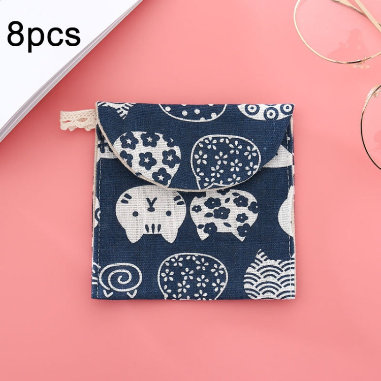 8 sacs de rangement pour serviettes hygiéniques en coton et lin, pochette pratique, arbre blanc à fond noir, chameau gris, chat porte-bonheur, feuilles, chat bleu, tortue
