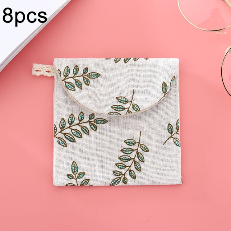 8 sacs de rangement pour serviettes hygiéniques en coton et lin, pochette pratique, arbre blanc à fond noir, chameau gris, chat porte-bonheur, feuilles, chat bleu, tortue
