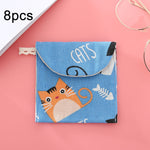 8 sacs de rangement pour serviettes hygiéniques en coton et lin, pochette pratique, arbre blanc à fond noir, chameau gris, chat porte-bonheur, feuilles, chat bleu, tortue